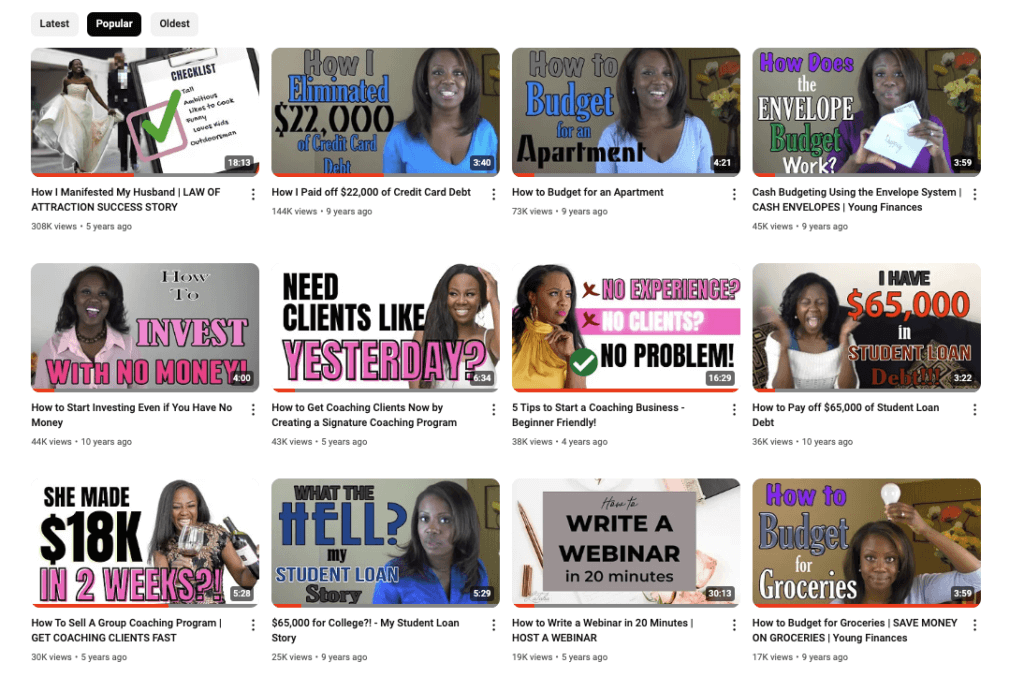 screenshot of latisha styles youtube channel with varying topics